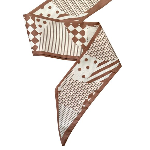 Slim Scarf Geometric Patchwork 34in Taupe Cream Modern Style Neutral Chic No66 - Picture 4 of 9